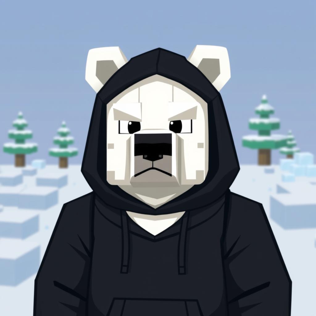 A polar bear wearing a black hoodie, designed in an animated Minecraft style