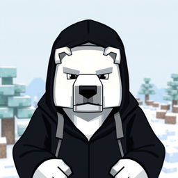 A polar bear wearing a black hoodie, designed in an animated Minecraft style