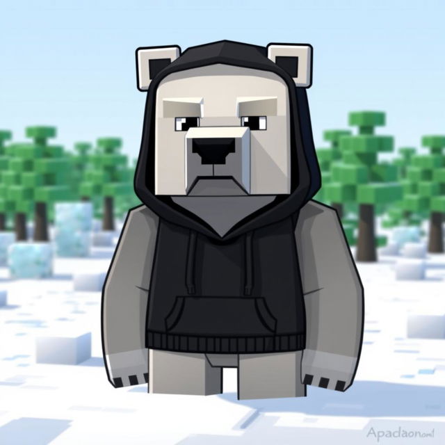 A polar bear wearing a black hoodie, designed in an animated Minecraft style