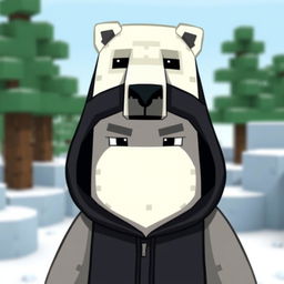 A polar bear wearing a black hoodie, designed in an animated Minecraft style