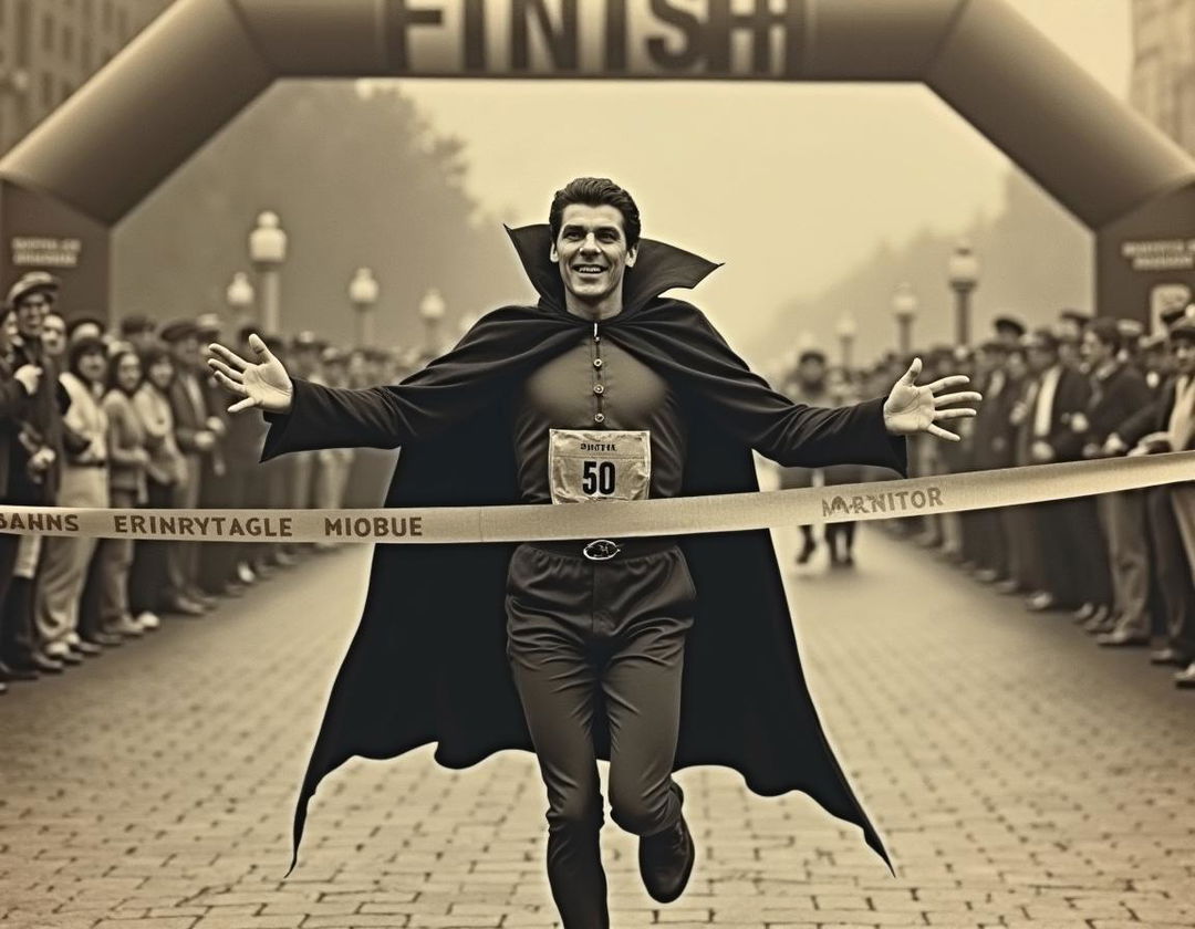 An aged photograph from 1972 depicting Dracula triumphantly finishing a marathon