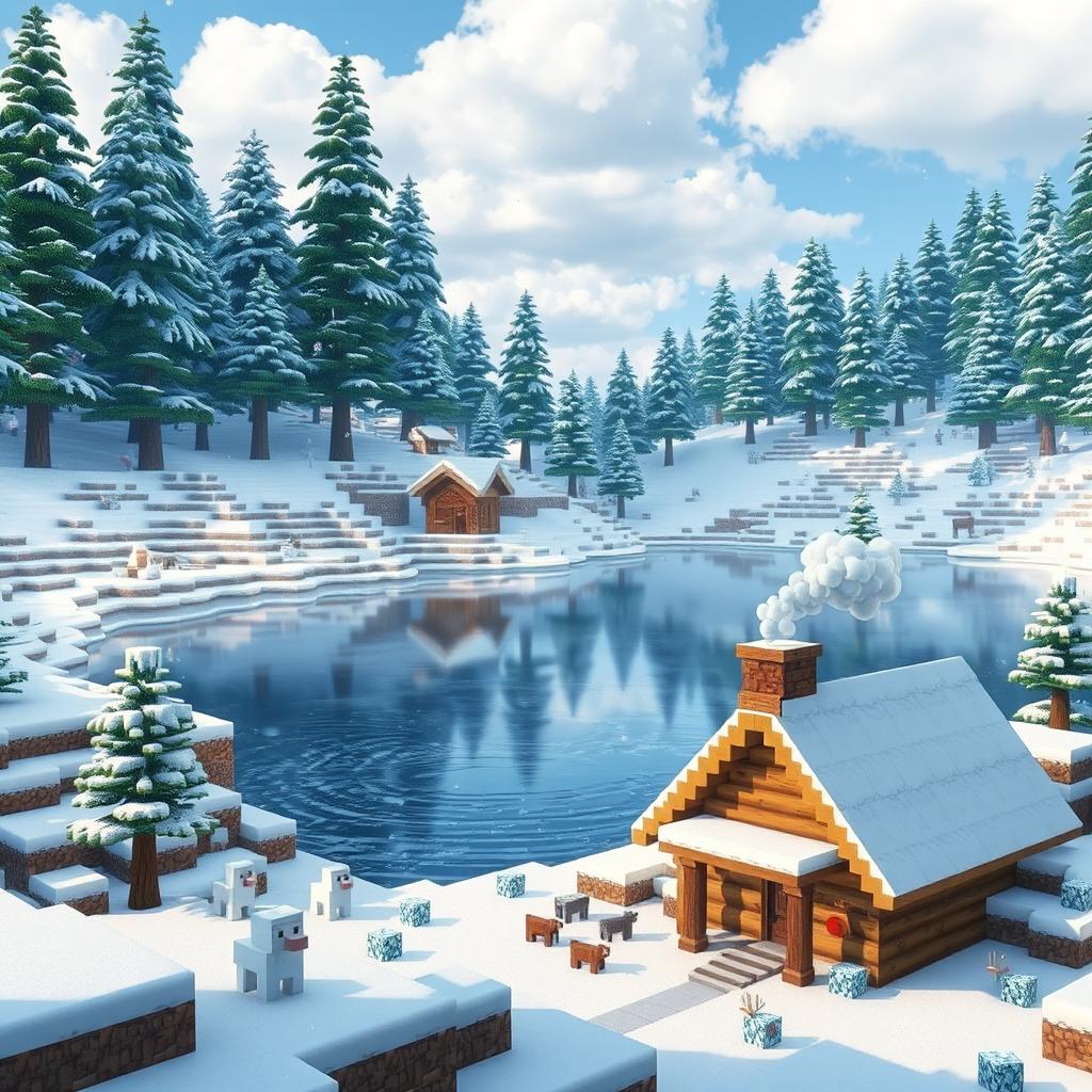 A stunning snowy biome landscape from Minecraft, featuring tall evergreen trees blanketed in snow, a serene frozen lake reflecting the clear blue sky, and fluffy white clouds floating gently above