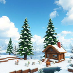 A stunning snowy biome landscape from Minecraft, featuring tall evergreen trees blanketed in snow, a serene frozen lake reflecting the clear blue sky, and fluffy white clouds floating gently above