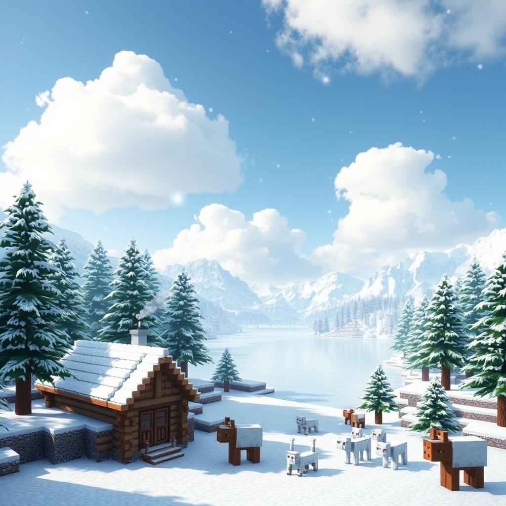 A stunning snowy biome landscape from Minecraft, featuring tall evergreen trees blanketed in snow, a serene frozen lake reflecting the clear blue sky, and fluffy white clouds floating gently above