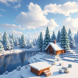 A stunning snowy biome landscape from Minecraft, featuring tall evergreen trees blanketed in snow, a serene frozen lake reflecting the clear blue sky, and fluffy white clouds floating gently above