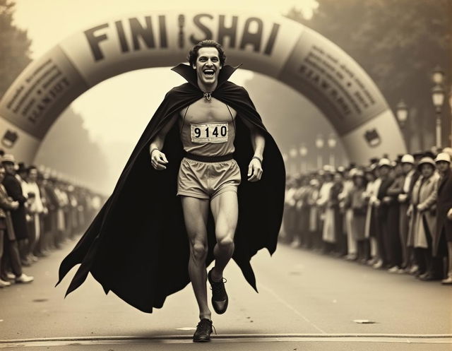 An aged photograph from 1972 depicting Dracula, sporting sharp canines, triumphantly finishing a marathon