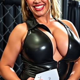 A close-up on the chest and torso of a sexy female wrestler with a voluptuous figure, featuring shiny black singlet with a collar that accentuates her large chest and prominent cleavage