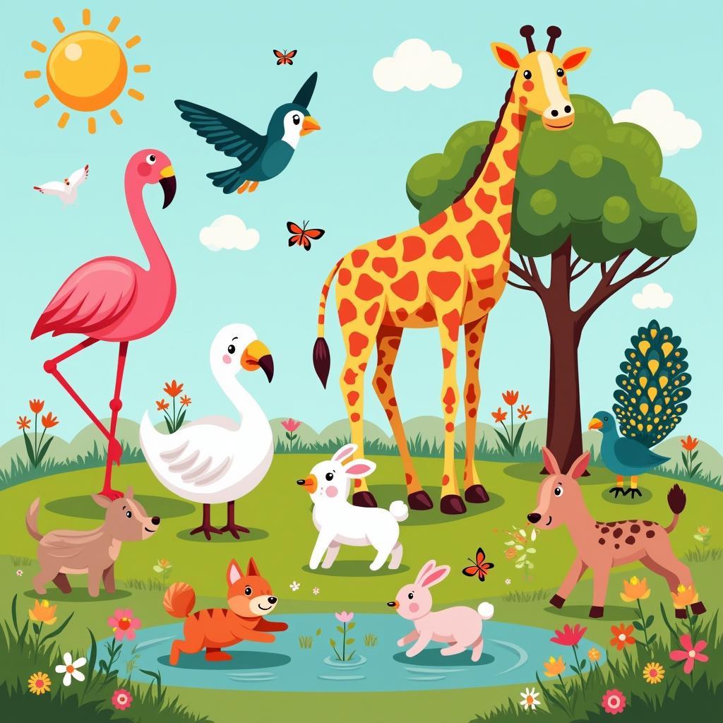 A vibrant, whimsical scene featuring a flamingo, parrot, swan, dove, rabbit, peacock, cat, deer, poodle, and giraffe cheerfully interacting in a sunny meadow