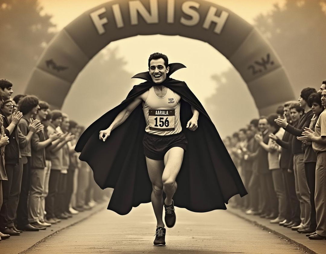 An aged photograph from 1972 featuring Dracula stylishly finishing a marathon