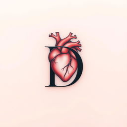 A minimalist tattoo design featuring the letter 'D' intricately integrated with a realistic heart