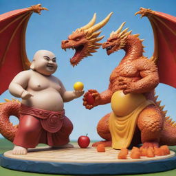 An epic showdown between a stately Buddha figure and a fierce dragon, inspired by the game 'Blox Fruit'.