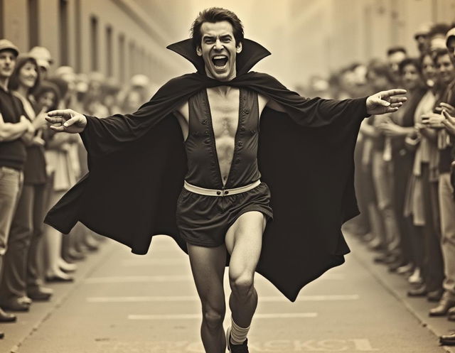 An aged photograph from 1972 depicting Dracula, featuring sharp vampire canine teeth, triumphantly finishing a marathon