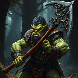 A fierce green-skinned orc warrior wielding a large, intricately designed halberd