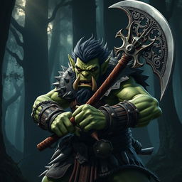 A fierce green-skinned orc warrior wielding a large, intricately designed halberd