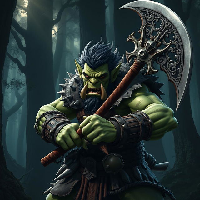 A fierce green-skinned orc warrior wielding a large, intricately designed halberd