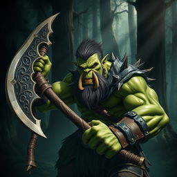 A fierce green-skinned orc warrior wielding a large, intricately designed halberd