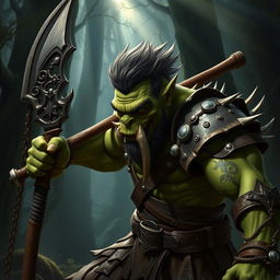 A fierce green-skinned orc warrior wielding a large, intricately designed halberd