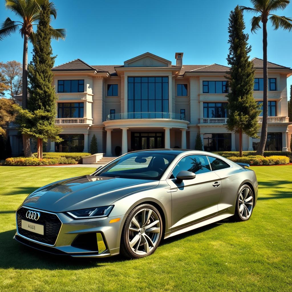 A sleek, modern Audi parked elegantly in front of a luxurious mansion