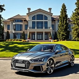 A sleek, modern Audi parked elegantly in front of a luxurious mansion