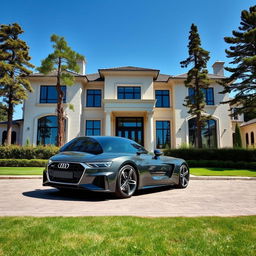 A sleek, modern Audi parked elegantly in front of a luxurious mansion