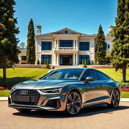 A sleek, modern Audi parked elegantly in front of a luxurious mansion