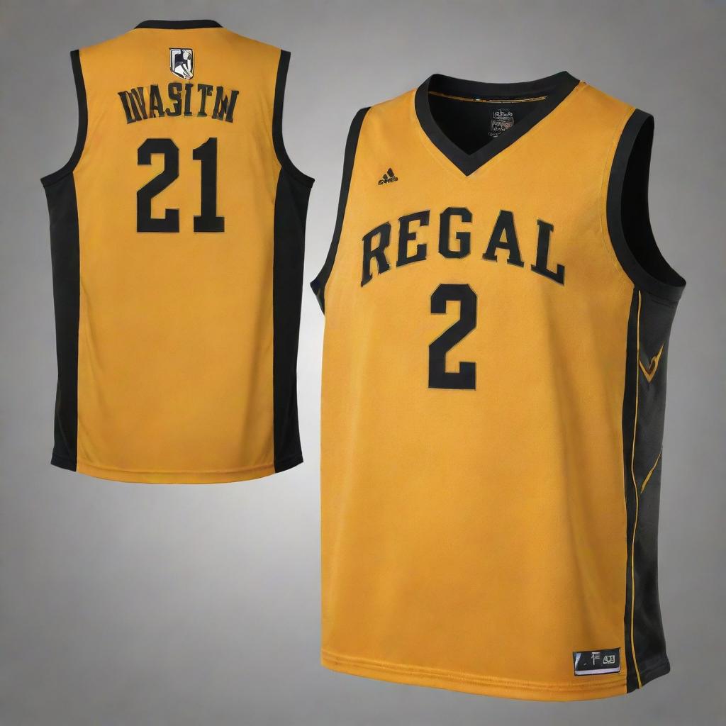 Front and back view of a regal basketball jersey with rich gold as the primary color offset by dramatic black details. Features the team logo on the front and player's number on the back, both in contrasting black.