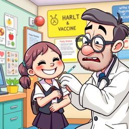 A cartoon depicting a whimsical scene where a doctor, who looks comically overwhelmed and slightly sick, is struggling to vaccinate a cheerful little girl in a school uniform