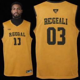 Front and back view of a regal basketball jersey with rich gold as the primary color offset by dramatic black details. Features the team logo on the front and player's number on the back, both in contrasting black.