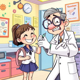 A cartoon depicting a whimsical scene where a doctor, who looks comically overwhelmed and slightly sick, is struggling to vaccinate a cheerful little girl in a school uniform