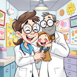 A cartoon depicting a whimsical scene where a doctor, who looks comically overwhelmed and slightly sick, is struggling to vaccinate a cheerful little girl in a school uniform