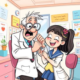 A cartoon depicting a whimsical scene where a doctor, who looks comically overwhelmed and slightly sick, is struggling to vaccinate a cheerful little girl in a school uniform