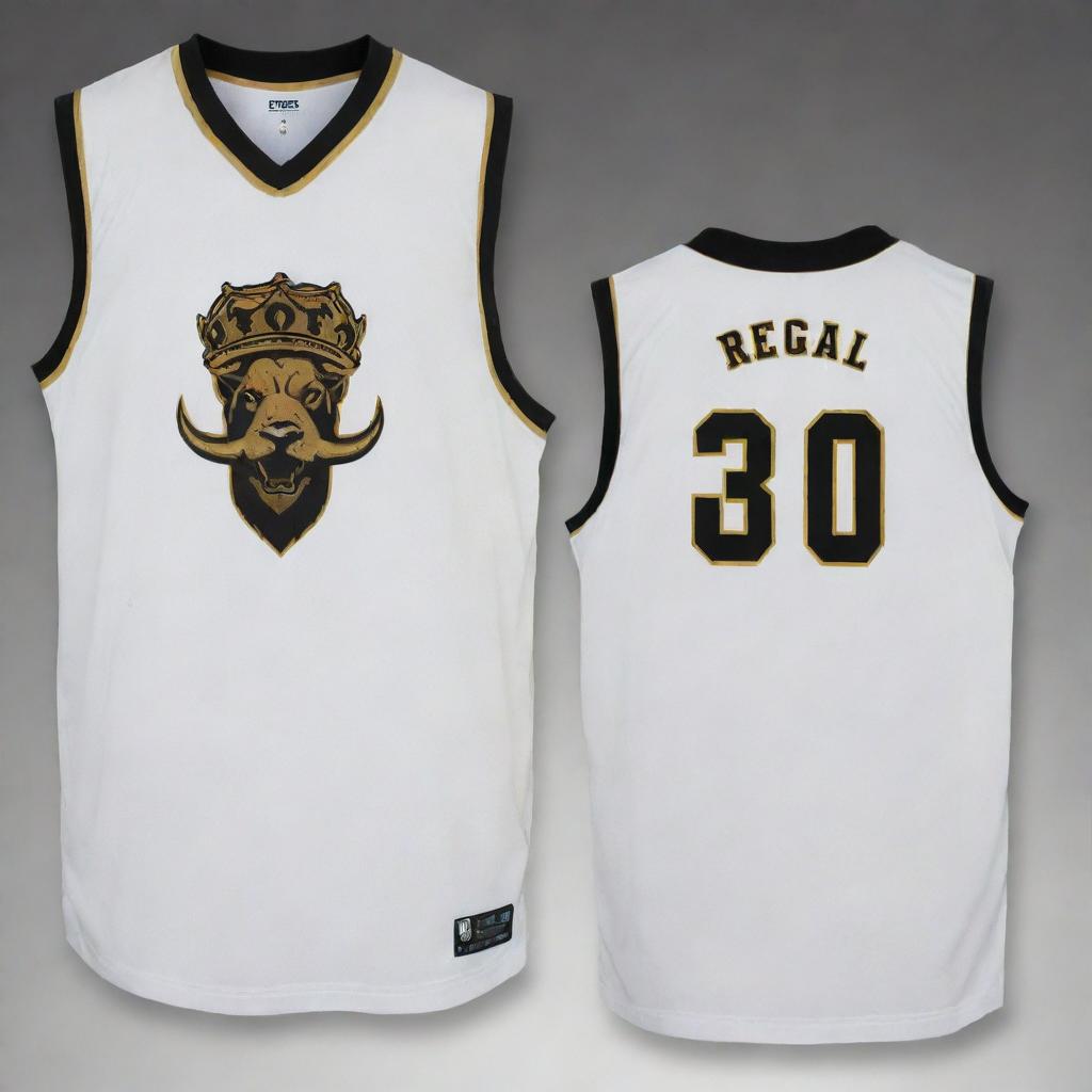 Front and back view of a regal basketball jersey with rich gold as the primary color offset by dramatic black details. Features the team logo on the front and player's number on the back, both in contrasting black.