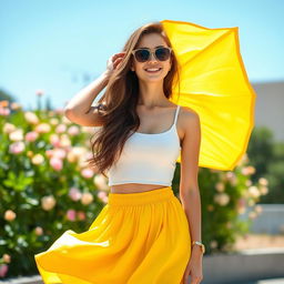 A young woman confidently posing outdoors in a vibrant yellow skirt and a stylish tank top