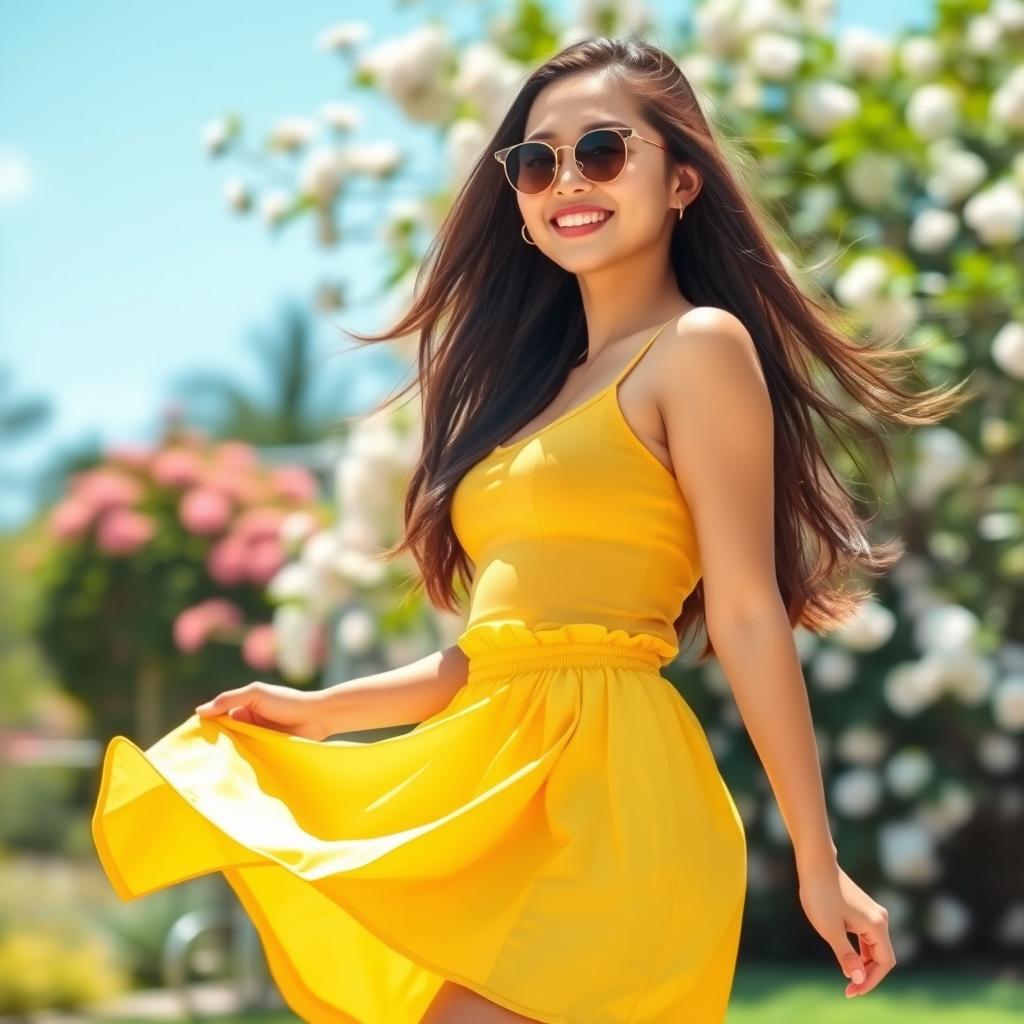 A young woman confidently posing outdoors in a vibrant yellow skirt and a stylish tank top