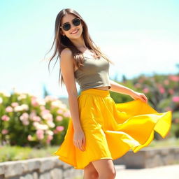 A young woman confidently posing outdoors in a vibrant yellow skirt and a stylish tank top