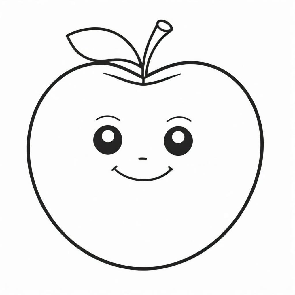 An adorable cartoon image of a smiling apple with big round eyes, designed for coloring, outlined with thick lines.