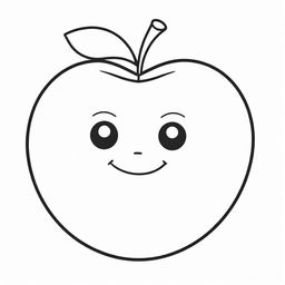 An adorable cartoon image of a smiling apple with big round eyes, designed for coloring, outlined with thick lines.