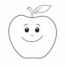 An adorable cartoon image of a smiling apple with big round eyes, designed for coloring, outlined with thick lines.