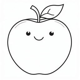 An adorable cartoon image of a smiling apple with big round eyes, designed for coloring, outlined with thick lines.