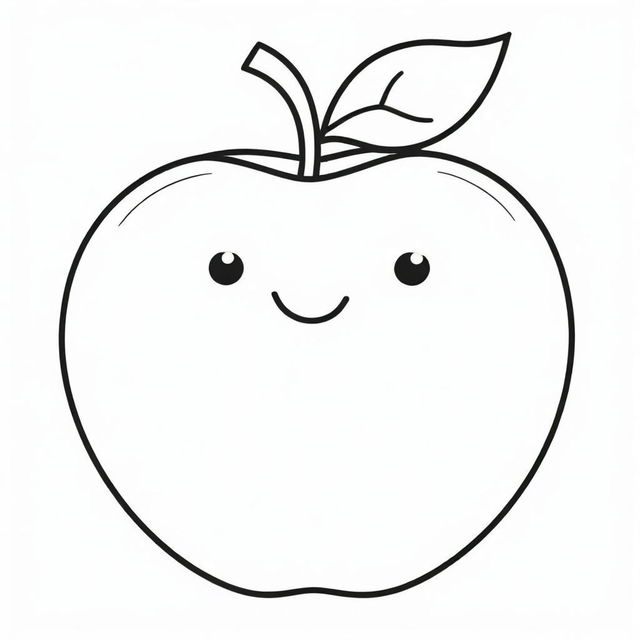 An adorable cartoon image of a smiling apple with big round eyes, designed for coloring, outlined with thick lines.