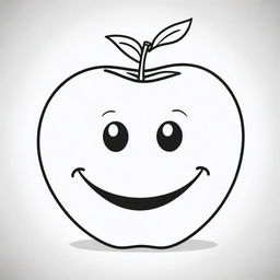 An adorable cartoon image of a smiling apple with big round eyes, designed for coloring, outlined with thick lines.