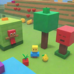 Represent a scene from Roblox game 'Blox Fruits', featuring animated players, colorful Blox Fruits and a playful, pixelated game environment.