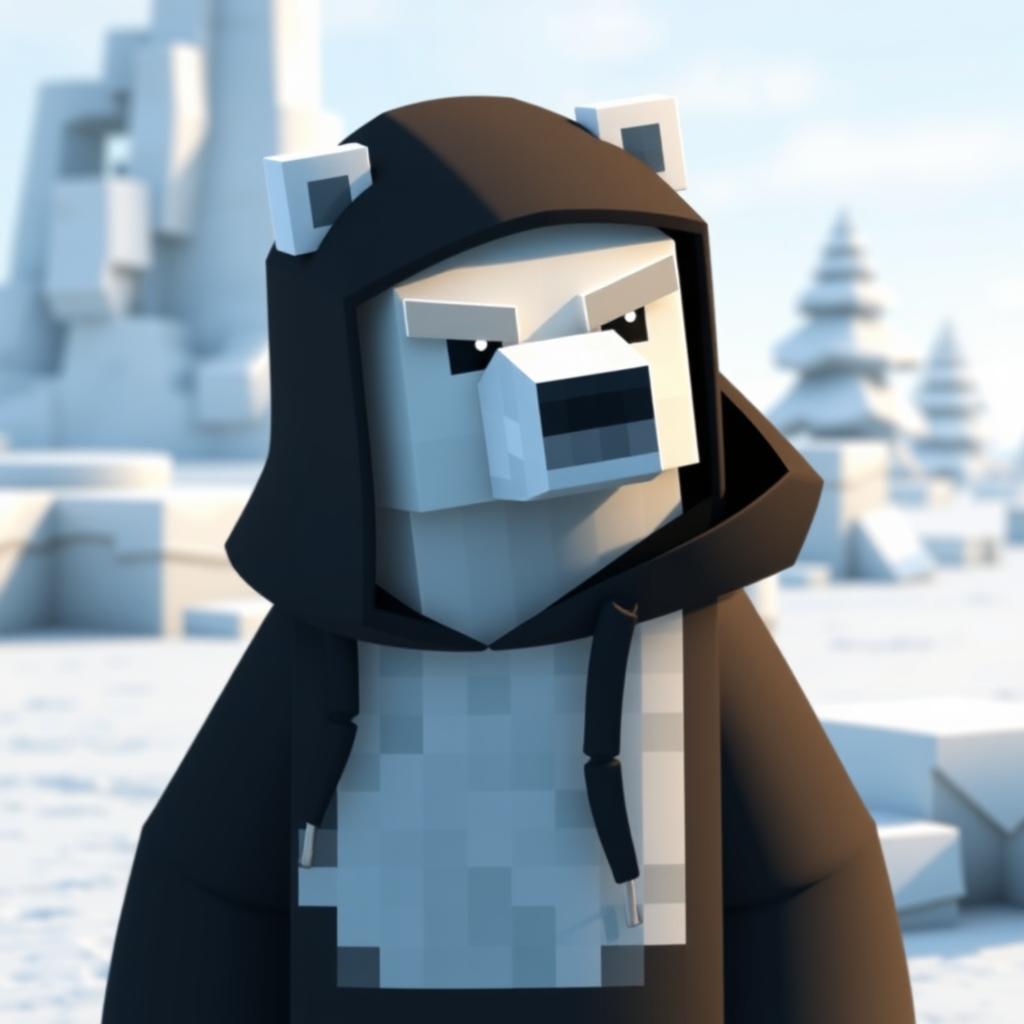 A polar bear wearing a black hoodie, animated in Minecraft style, displaying a serious facial expression