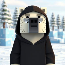 A polar bear wearing a black hoodie, animated in Minecraft style, displaying a serious facial expression