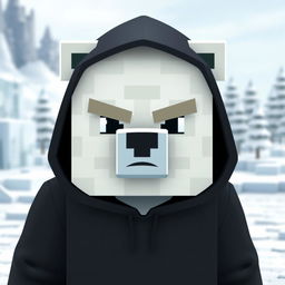 A polar bear wearing a black hoodie, animated in Minecraft style, displaying a serious facial expression