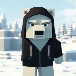 A polar bear wearing a black hoodie, animated in Minecraft style, displaying a serious facial expression