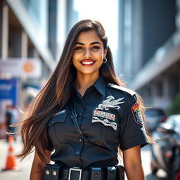 A stunning Indian policewoman with long, flowing hair, wearing a stylish police uniform that accentuates her beauty