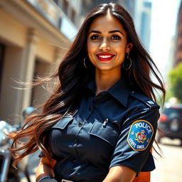 A stunning Indian policewoman with long, flowing hair, wearing a stylish police uniform that accentuates her beauty