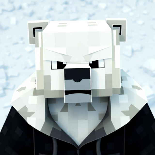 A polar bear wearing a black hoodie, animated in a Minecraft style, featuring a serious expression on its face