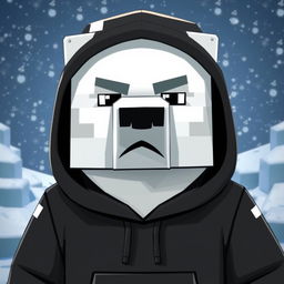 A polar bear wearing a black hoodie, animated in a Minecraft style, featuring a serious expression on its face